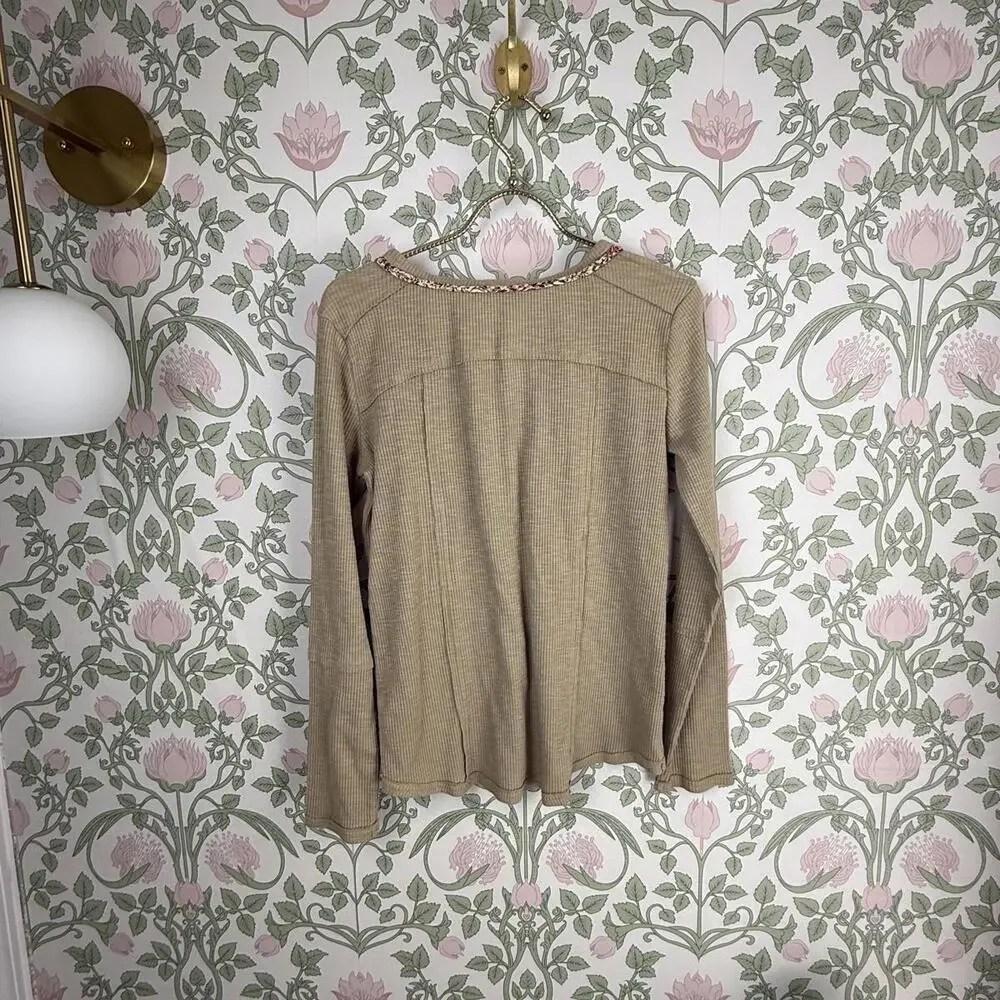 Easel Beige Bohemian Floral Pink Trim Henley Long Sleeve Tee - Size - Small